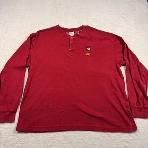 Vintage Disney Men's XL Red Mickey Mouse Long Sleeve Henley Shirt